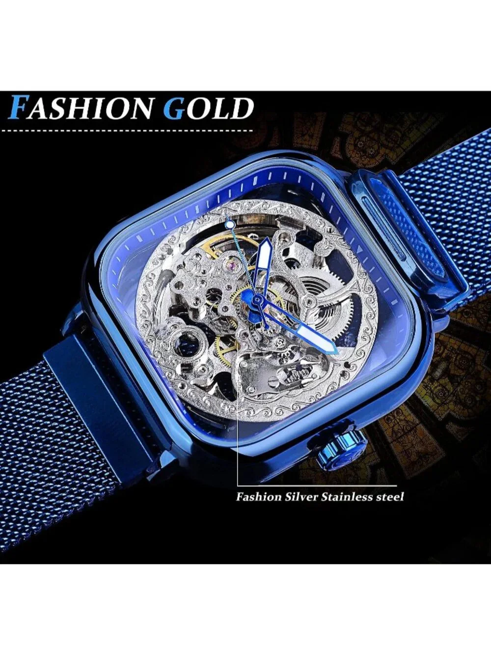 Men's Blue Automatic Mechanical Skeleton Stainless Steel Transparent Dial Watch